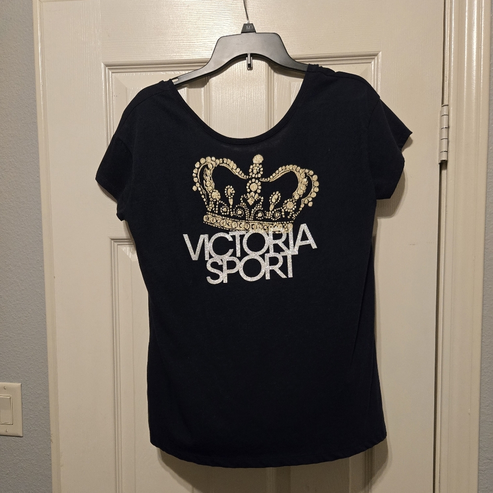 Victoria's Secret Black Tee with Gold and White Crown Design